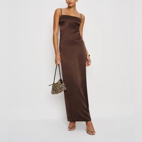 NEW Reformation Frankie Silk Maxi Navy Dress Gown Cafe BrownUS 0 UK 4